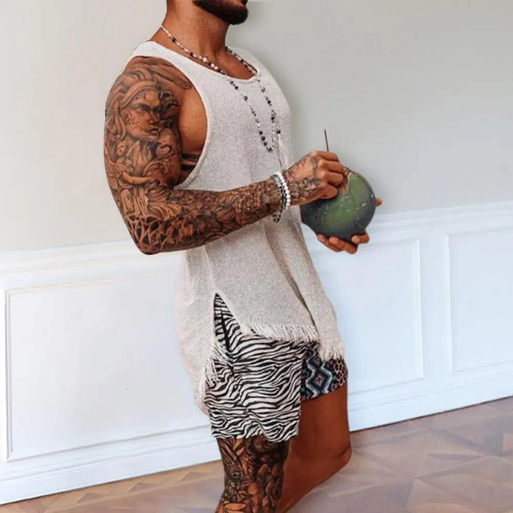 Men Tank Top Solid Color Sleeveless O Neck Knitted Summer Ripped Split T-shirt Men Vest Daily Clothes Mens Clothing 250519CJ