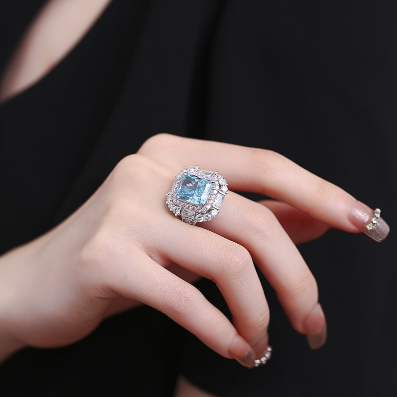 S925 Sterling Silver Open Band Ring, Sea Blue High Carbon Diamond Surrounded by Pink Gemstones, Fashionable Diamond Ring for Women, Luxury Wedding Rin