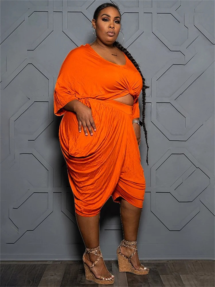 Wmstar Plus Size Women Clothing Two Piece Sets Wholesale Casual Fashion Solid Loose Crop Top Stacked Wide Leg Pants Drop 250516Z