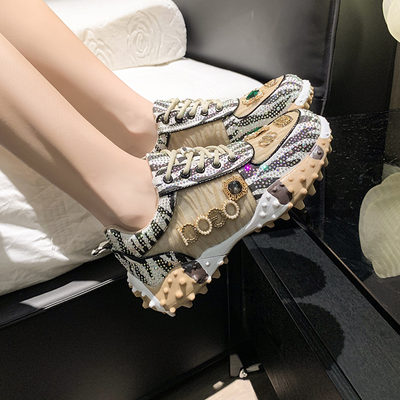 Luxury Women's Shoes Rhinestone Mixed colors Sports Shoes Diamond Breathable Designer Thick Soled Casual Shoes High-quality and Comfortable Outdo