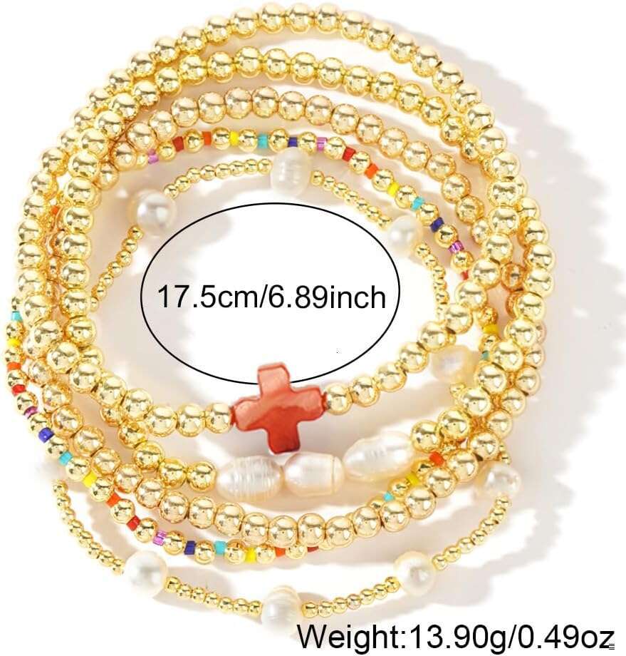 14K Gold Plated Pearl Beaded Cross Bracelets Stack Set for Women,Stretch Boho Colorful Christian Beads Ball Jewelry Friendship Summer Trendy Gift