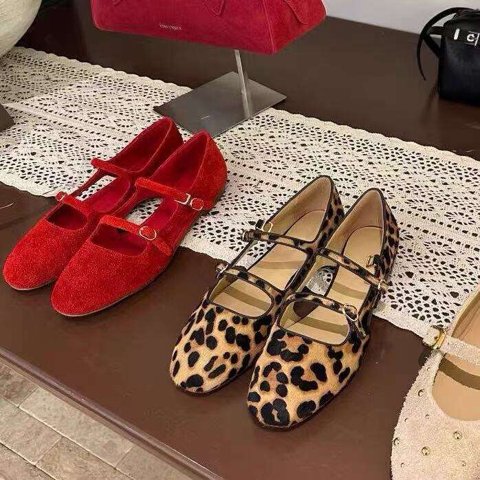 High end New Favorite~Versatile Fashion Leopard Pattern Buckle with Flat Bottom Mary Jane Ballet Single Women's Grandma Shoes
