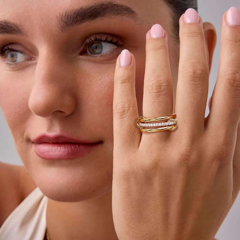 14K gold-plated stackable 3 CZ cubic zirconia set, silver and gold stacked rings, multi chain connection, personalized interlocking ring, low allergen