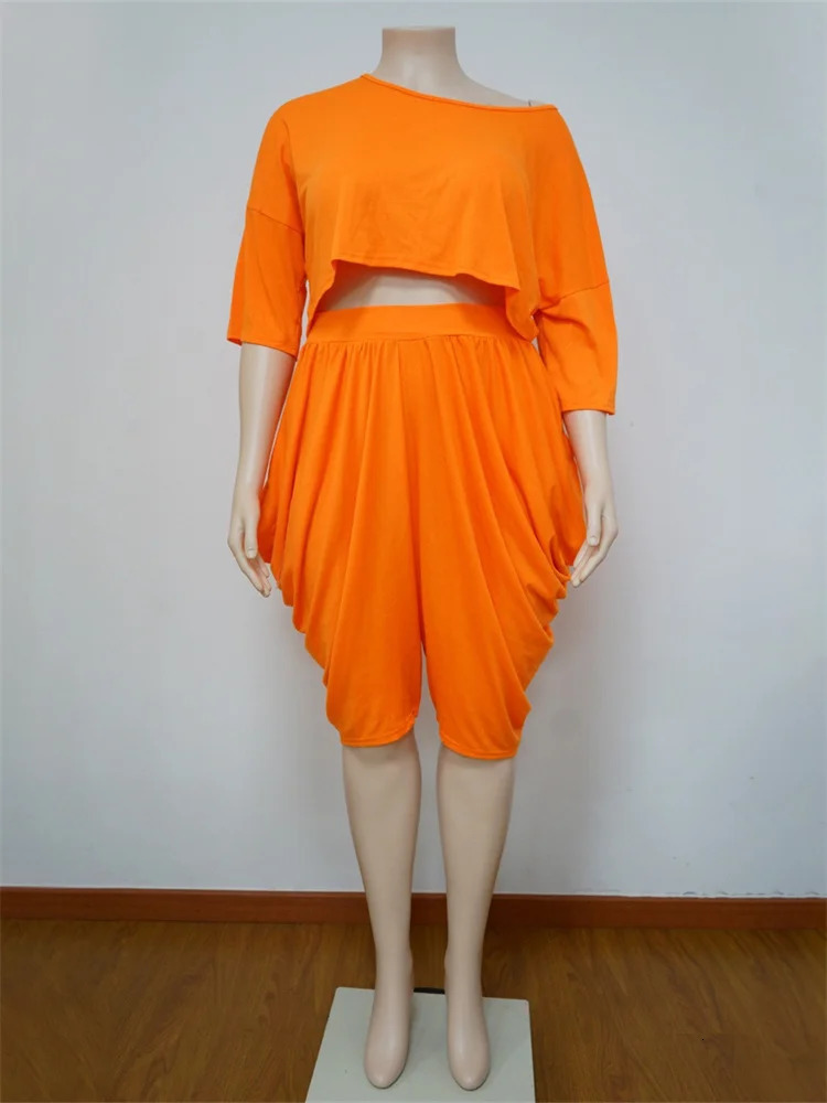 Wmstar Plus Size Women Clothing Two Piece Sets Wholesale Casual Fashion Solid Loose Crop Top Stacked Wide Leg Pants Drop 250516Z