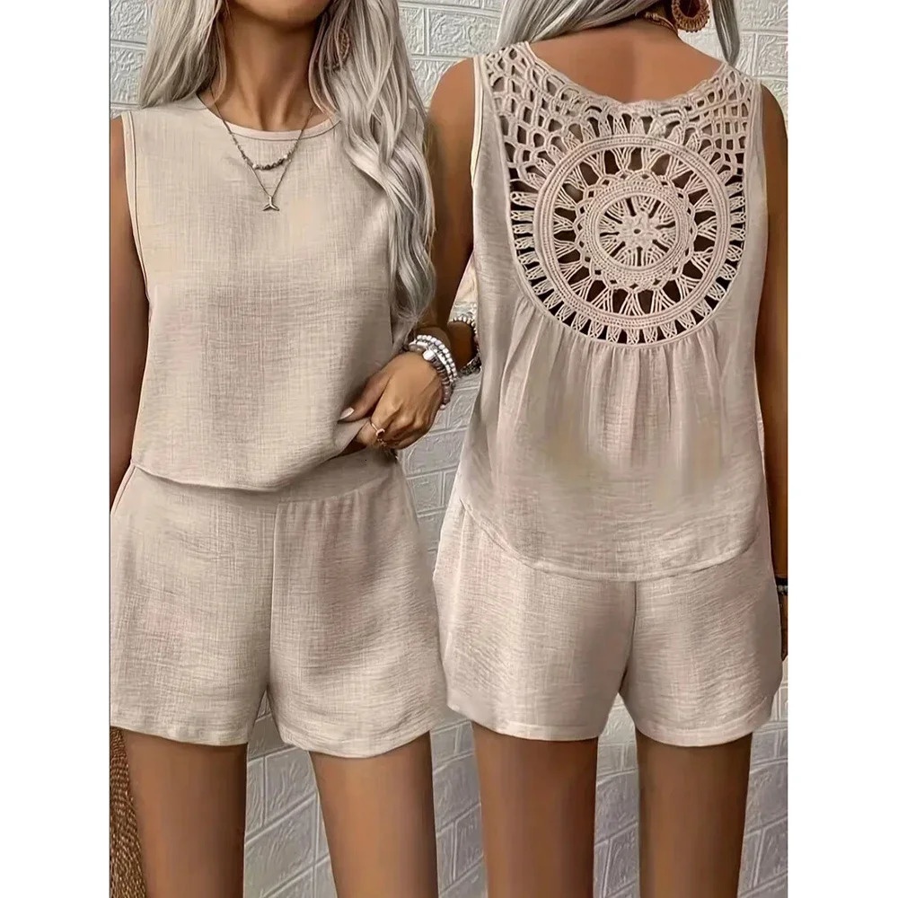 Womens Plus Size Linen Sets Hollow Out Back Round Neck Sleeveless Vest And Shorts 2Piece Set Summer Female Daily Vacation 250516Z
