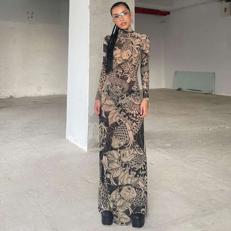 Halter Whit Maxi Dresses Slimming Slimming Printed Dress For Women Fashionable And Personalized Perspective High Neck Mesh Long Skirt Prom Sexy Dress