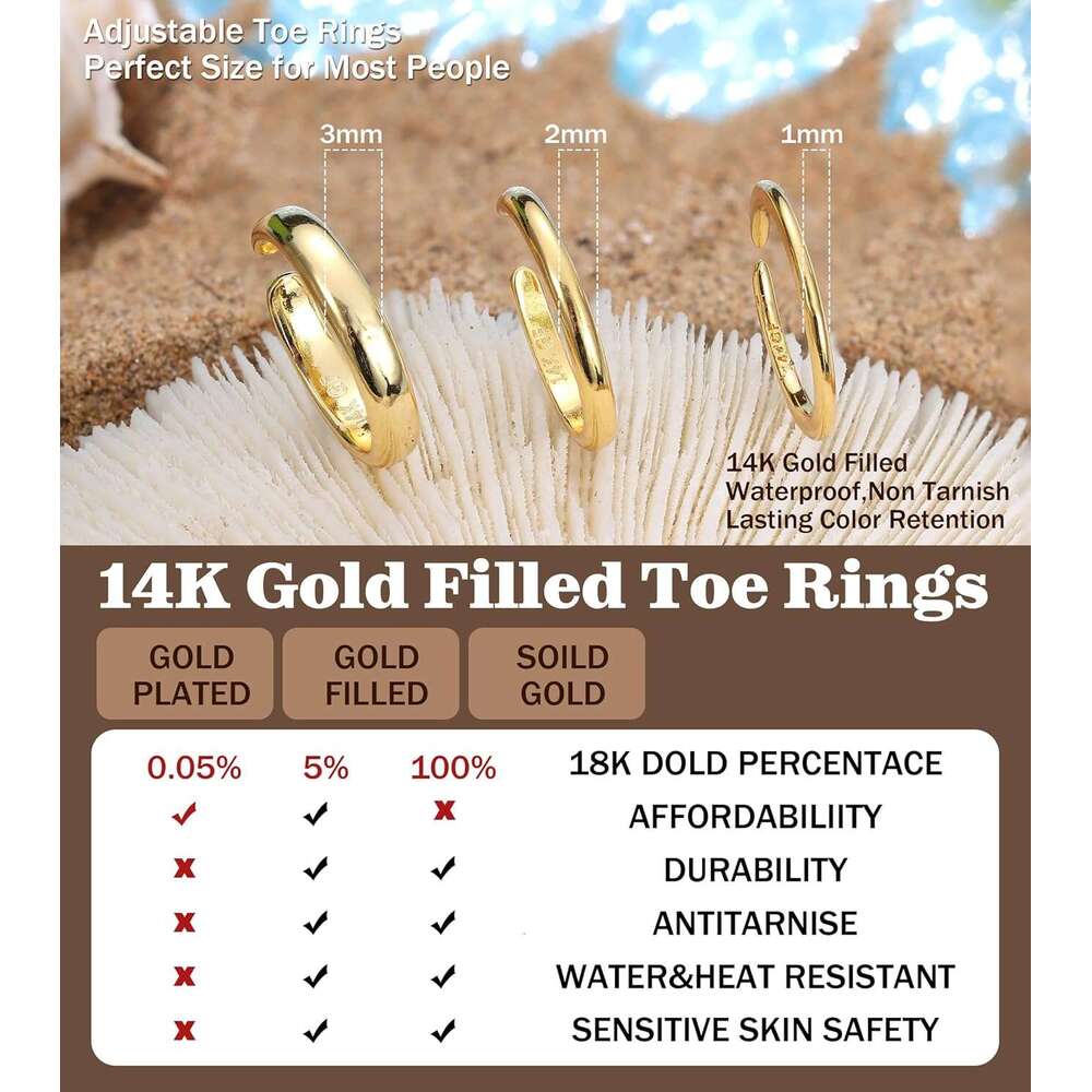 Ladies' fashion 14K gold filled set, thin strap beach foot jewelry, summer opening adjustable toe ring