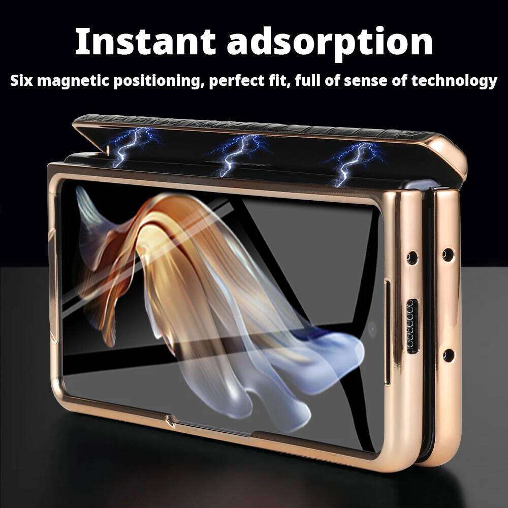 LANGSIDI Leather Case for Samsung Galaxy Z Fold 6 5 4 3 Fold6 Fold5 Gold Plating Magnetic Hinge Stand Cover with Mirror Film