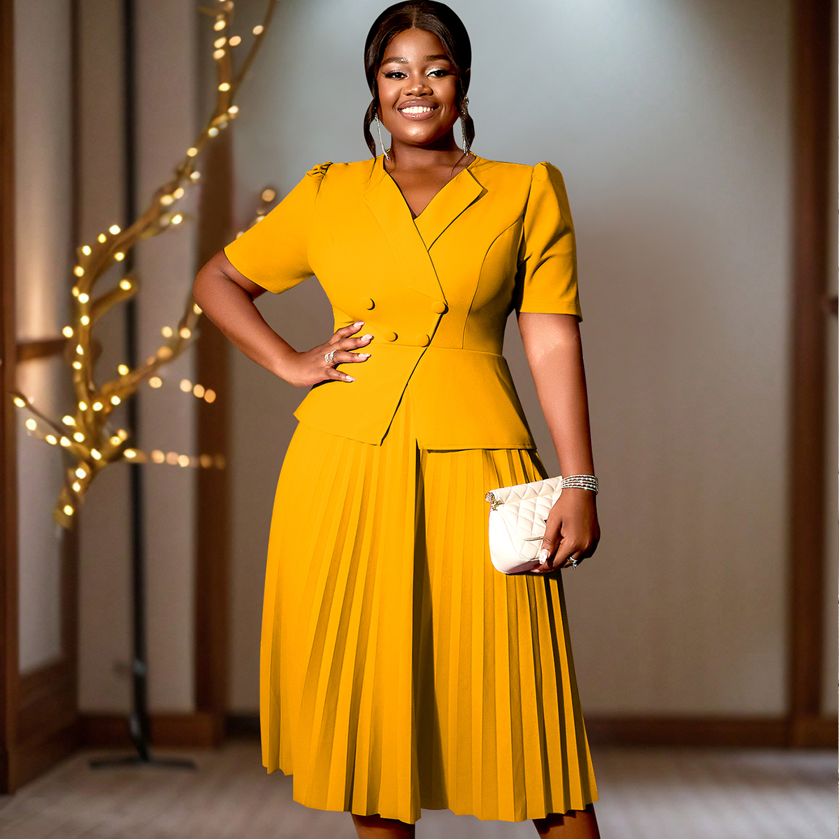 Formal Plus Size Women Career Summer a Line Pleated Wholesale Short Sleeves Lapel Collar Dress AM040922
