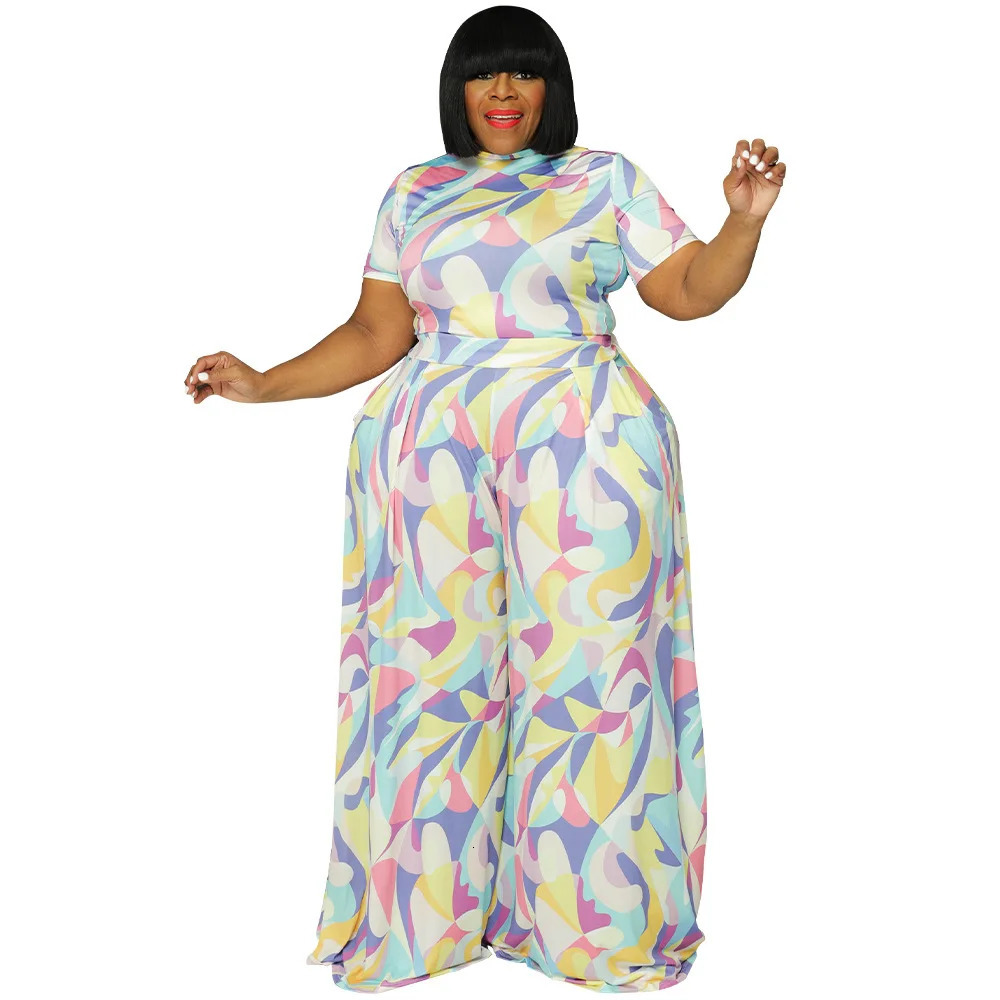 XL4XL Plus Size Pant Suits Summer Women Clothing Printing Straps Short Sleeve Crew Neck Casual Two Piece Sets Wholesale 250513Z