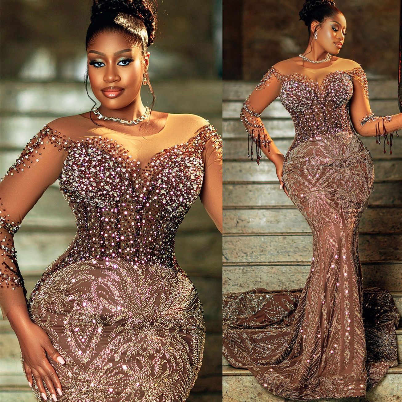 Brown Mermaid Prom Dresses 2025 Crystals Beaded Sequined Sheer Neck Evening Formal Party Second Birthday Engagement Gowns Plus Size Dress For Special 