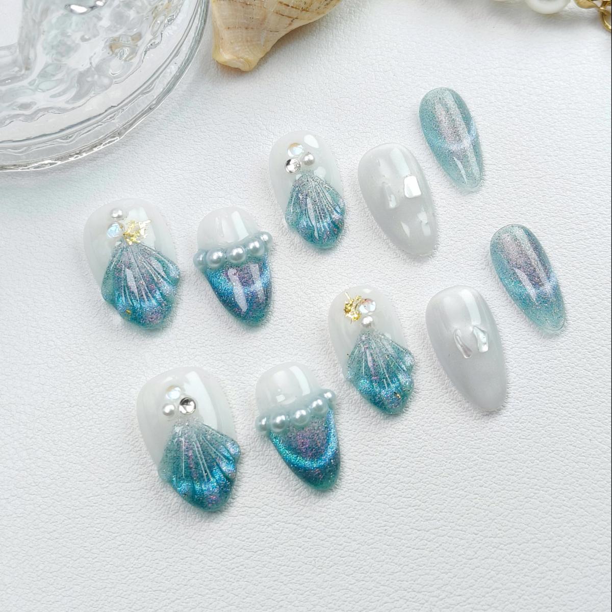 10pcs Mermaid Handmade Press-on nail Short Almond Nails Bundle 3D Hand drawn Sweet Pearl Cat Eye Finished nail stickers Free storage box jelly glue na