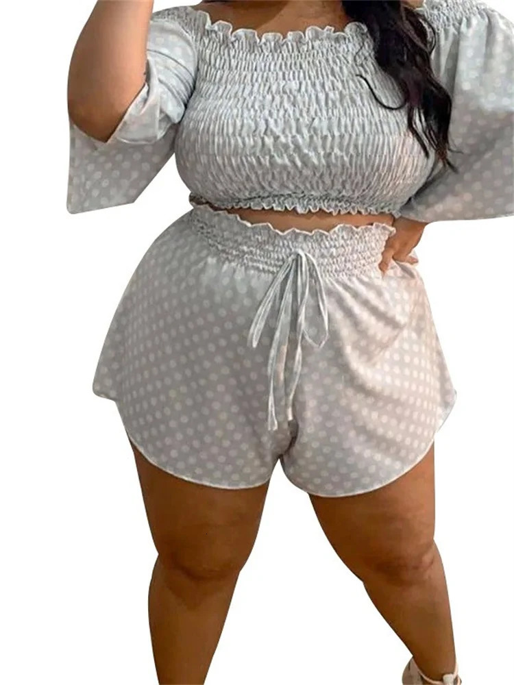 Wmstar Plus Size Two Piece Set Womens Clothing Off Shoulder Short Sets Dot Print Top Sweet Suit Summer Wholesale Drop 250516Z