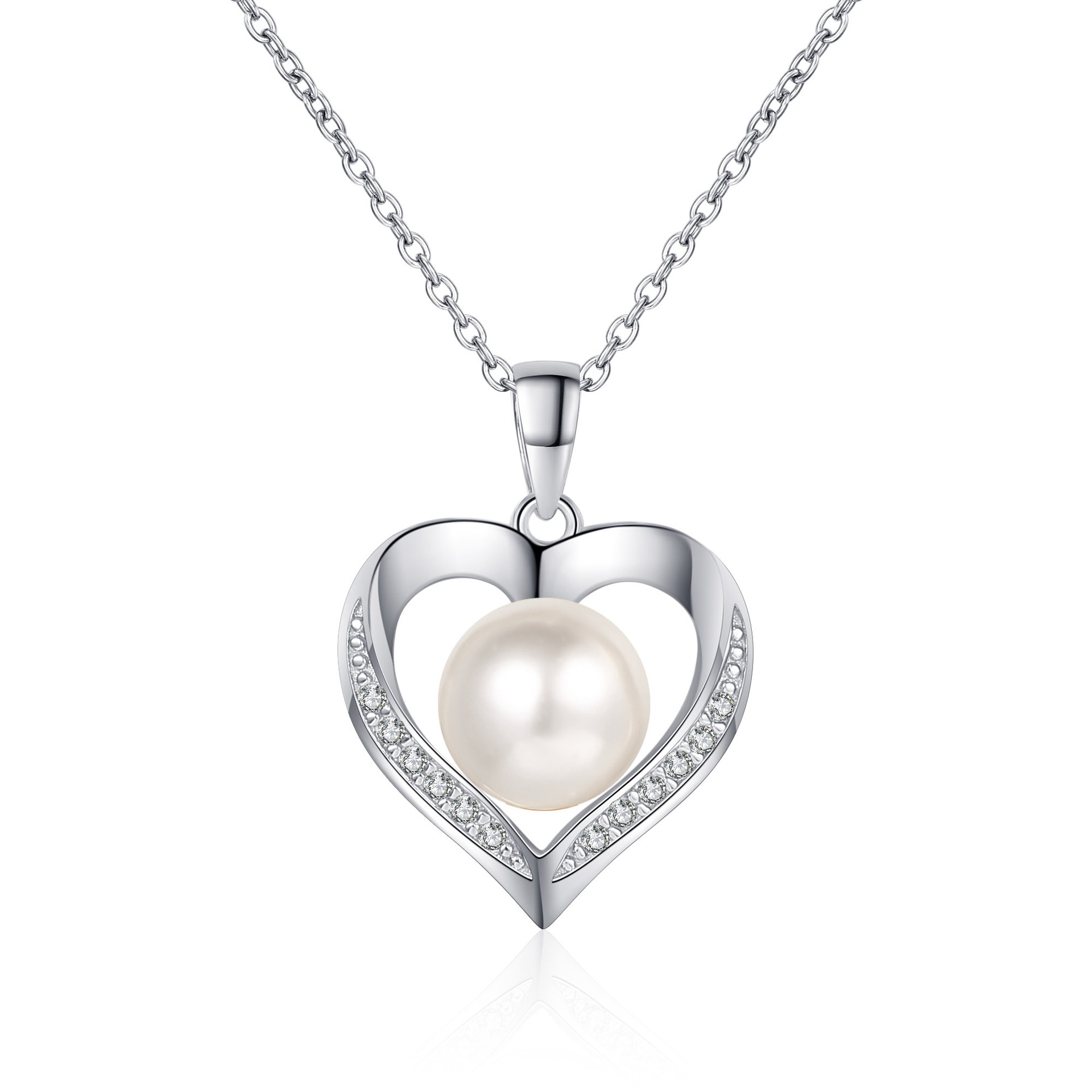 925 Sterling Silver Heart Necklace with Freshwater Pearl & Moissanite Stones, Elegant Gift for Women