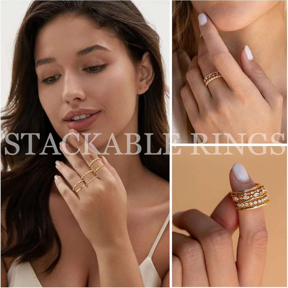 Women's does not change color, 14k gold-plated stacked cubic zirconia thumb ring, exquisite stackable gold finger joint ring set size 6-10