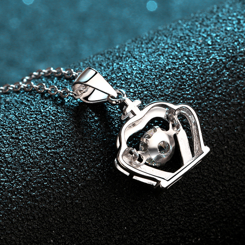 Sterling Silver Heart Crown Pendant Necklace with Dazzling Center Stone