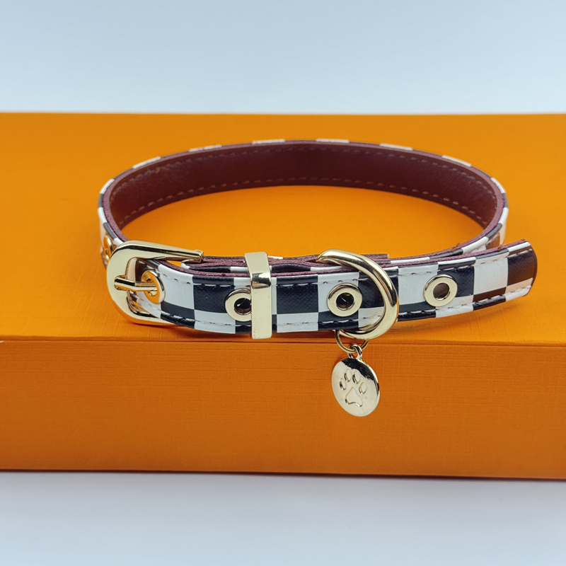 Dog Collar and Leash Set, Classic Black White Plaid Dog Leather Collar with Dog Claw Charm, Dog Leash Tangle Free, Adjustable Collars for Small Medium