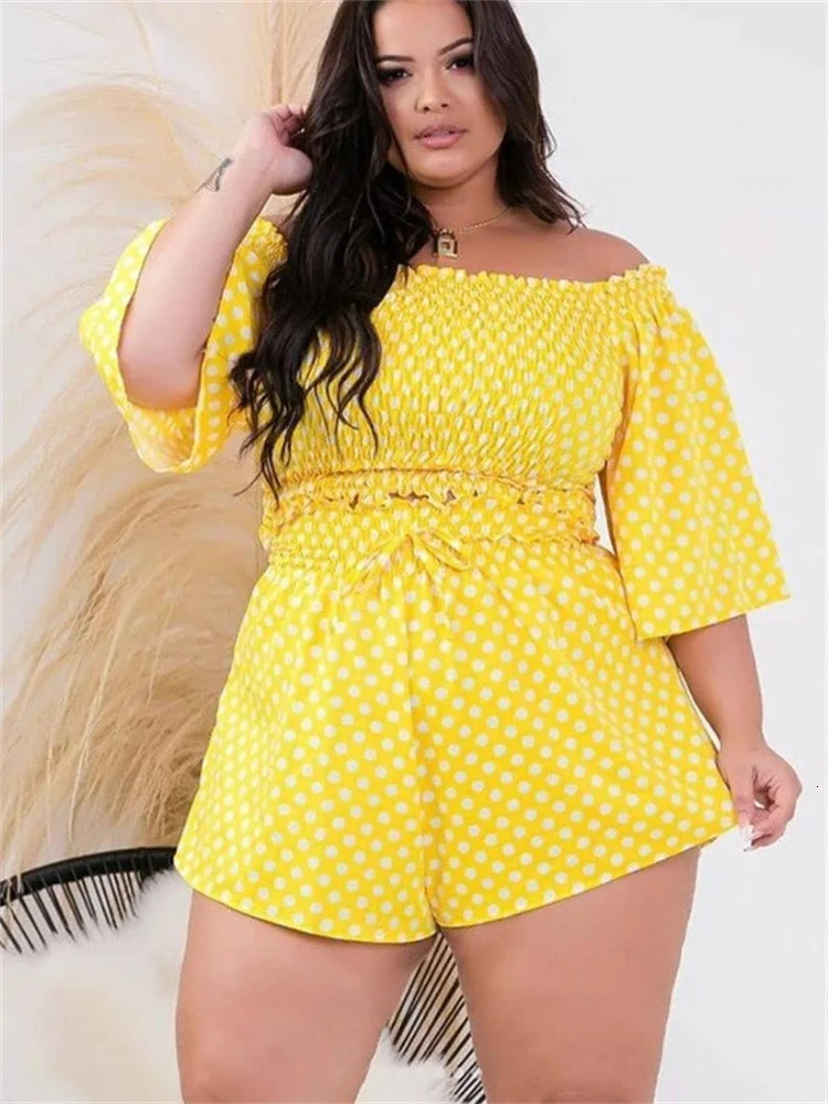 Wmstar Plus Size Two Piece Set Womens Clothing Off Shoulder Short Sets Dot Print Top Sweet Suit Summer Wholesale Drop 250516Z