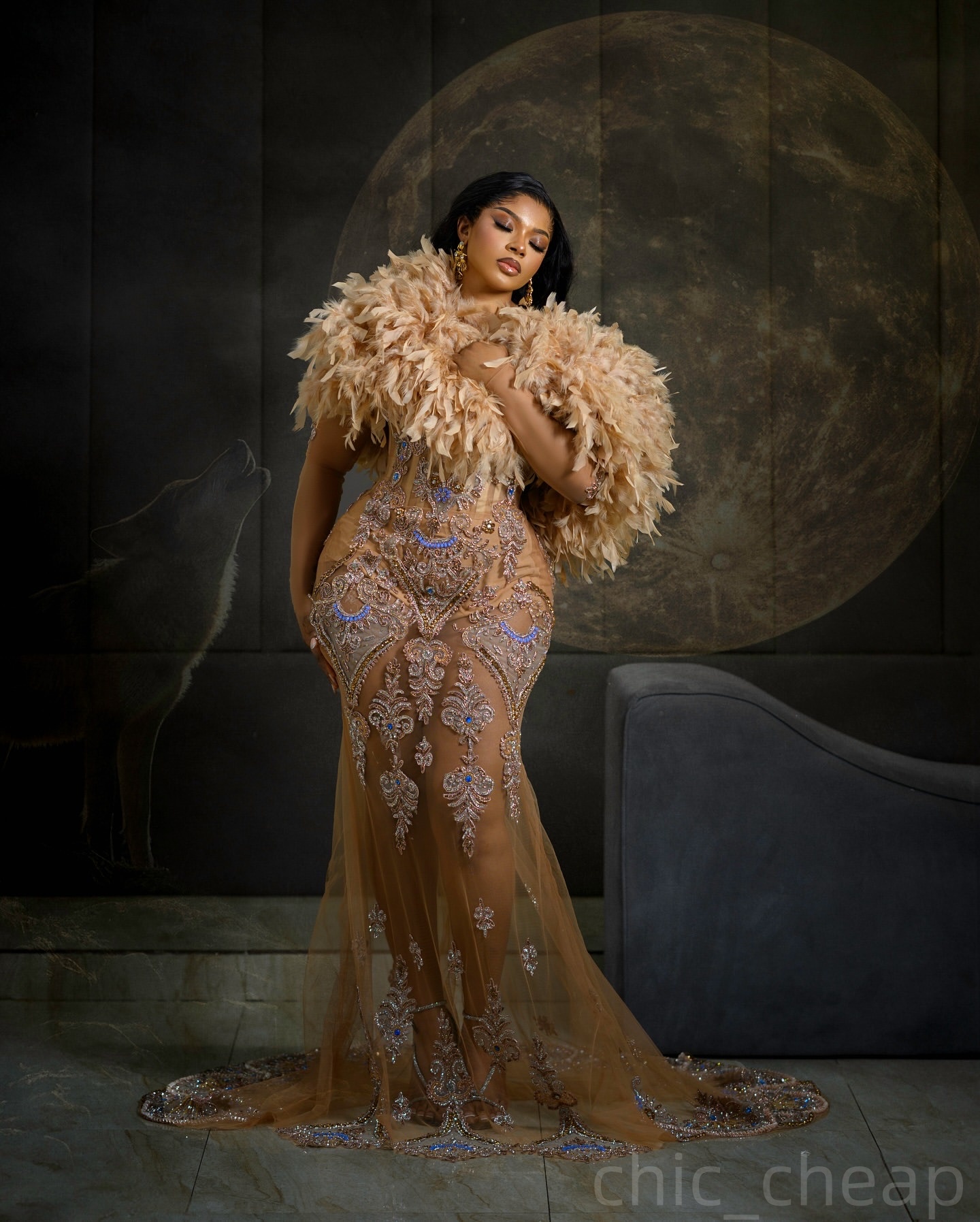 Champagne Mermaid Prom Dresses 2025 Lace Feather Crystals Illusion Evening Formal Party Second Birthday Engagement Gowns Plus Size Dress For Special O