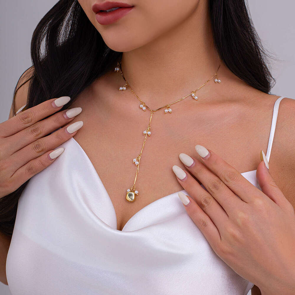 French Inspired Layered Pearl Necklace with Metallic Fringe Pendants Adjustable Bohemian Collarbone Chain Gold Alloy