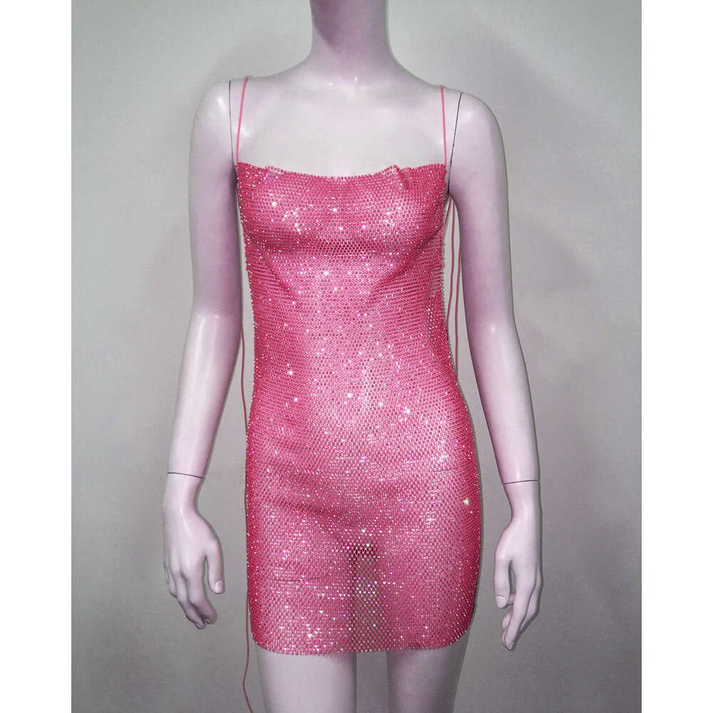 Halter Whit Maxi Dresses New Sexy Back Strap Dress Fishing Net Water Diamond Lace Up Spicy Girl Skirt Prom Sexy Dress