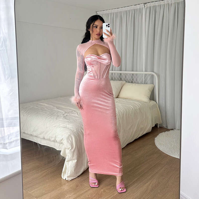 Halter Whit Maxi Dresses Spring Women S New Plush Mesh Splicing Sexy Nightclub Style Hollow Long Skirt Slimming Dress Prom Sexy Dress
