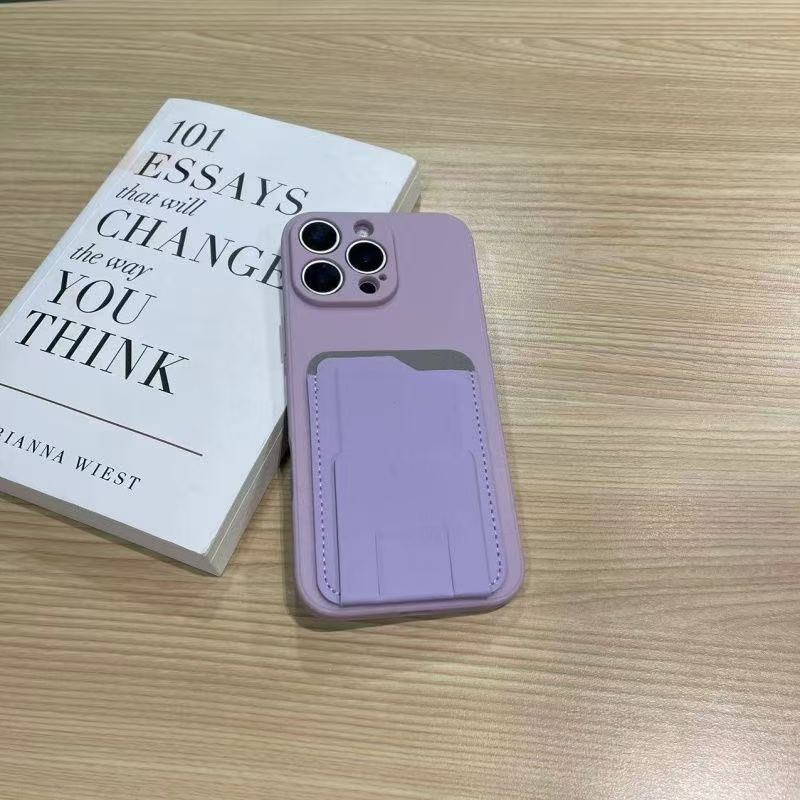 Trendy brand solid color leather single card holder Apple 16promax phone case iPhone 15 12 14Plus 13pro max fashionable