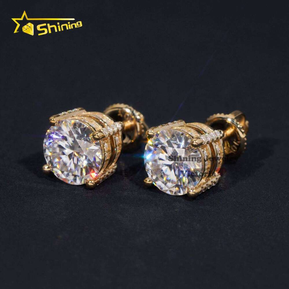 Ice Out Through Tester Mens VVS Moissanite 10K Soild Gold Screw Back 6.5Mm Side Ice Earrings Studs
