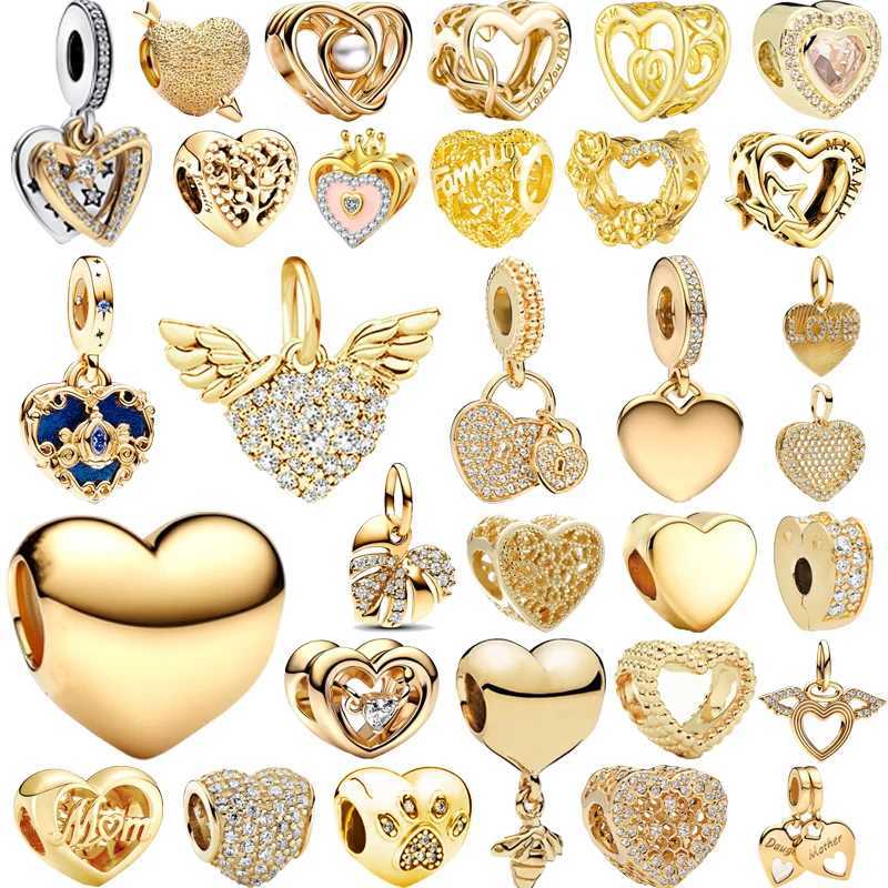 Authentic Fine Golden Pendant Eternal Heart-Shaped Charm Beads Fit Original European 925 Silver Bracelet DIY Women Jewelry GiftsXJ250523