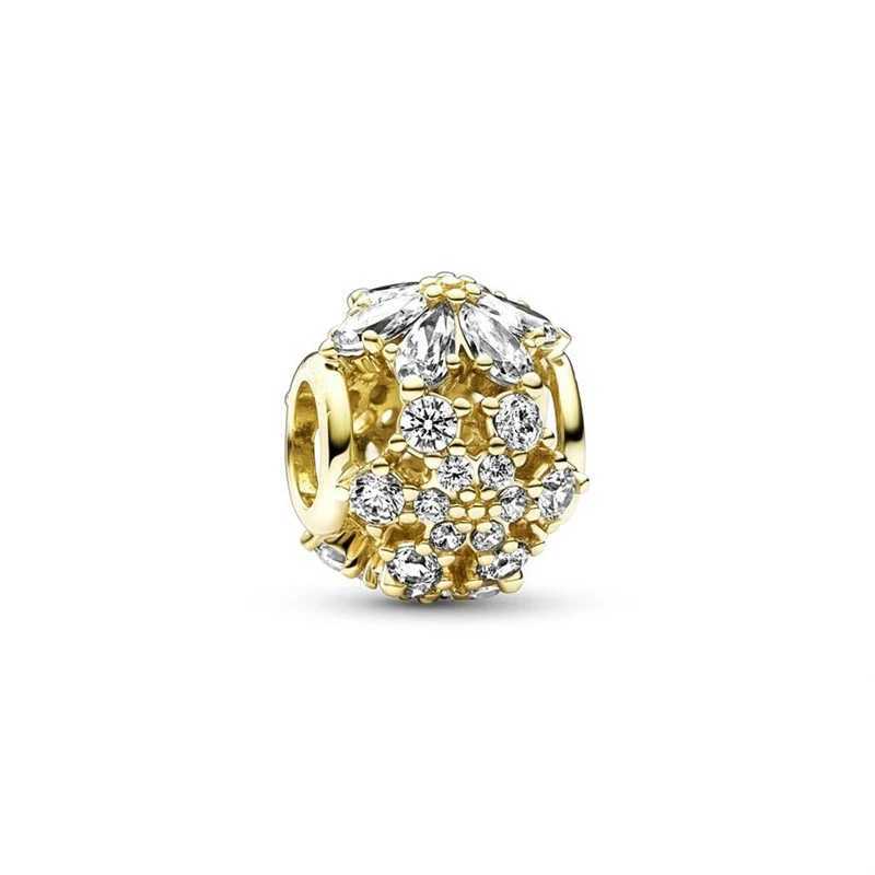 New Plated Gold Bead Pink Daisy Flower Snowflake Pav Charm Bead DIY Jewelry Fit Original 925 Sterling Silver Bracelet XJ250523