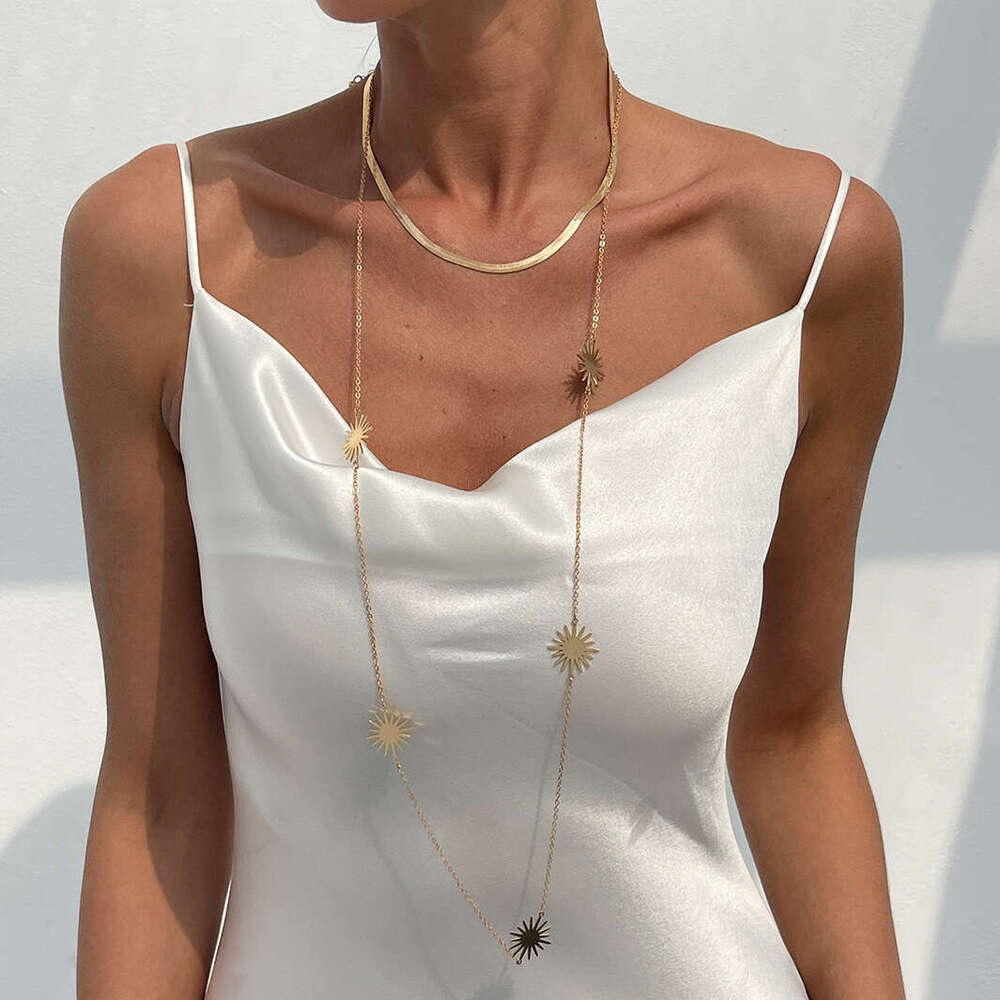 Solar Motif Serpentine Inspired Necklace Set Adjustable Long line Clavicle Chain with Geometric Metal Accents Gold and White K