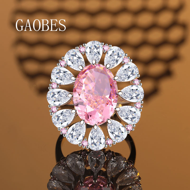 European & American High-End Design S925 Sterling Silver Ice Flower Cut Oval Pink Gemstone Ring, Full Diamond Accent Band, Luxury Fashion Ring for Wom