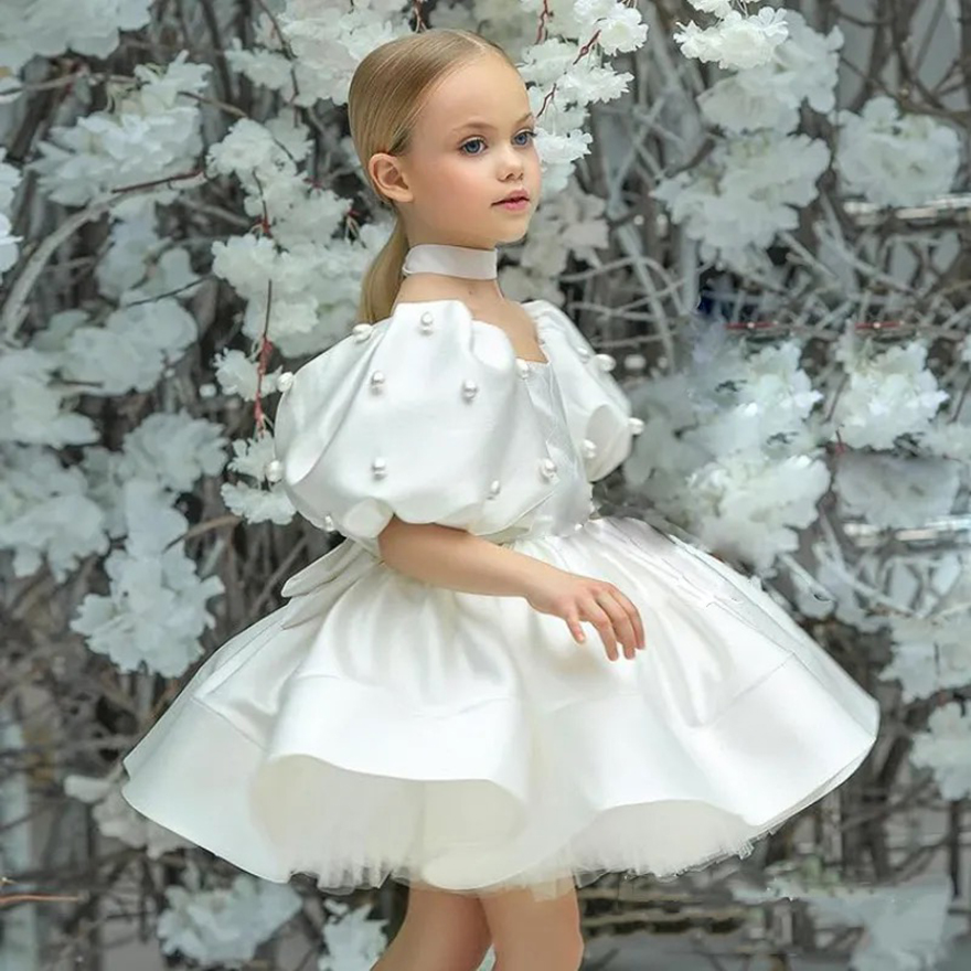 White Satin Little Kids Birthday Party Wer Dresses Sheer Neck Appliqued Pearls Tulle Beaded Girl Pageant Dress Princess Queen Marriage Gowns