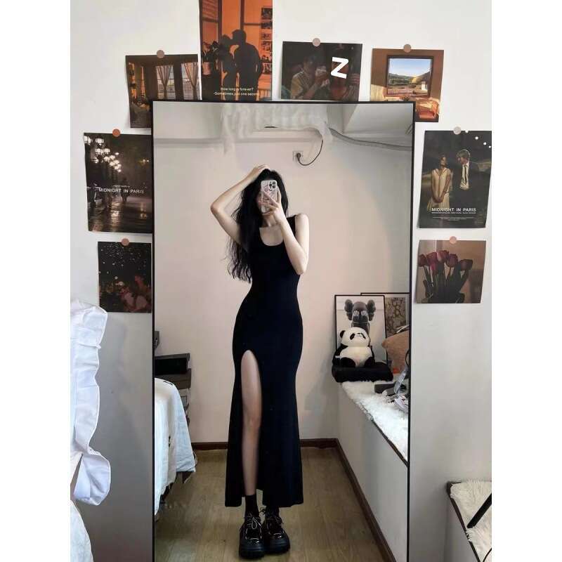 Halter Whit Maxi Dresses Summer New Women S Spicy Girl Wrap Hip Tight Tea Break French Black Long Dress Sexy Slim Fit Prom Sexy Dress