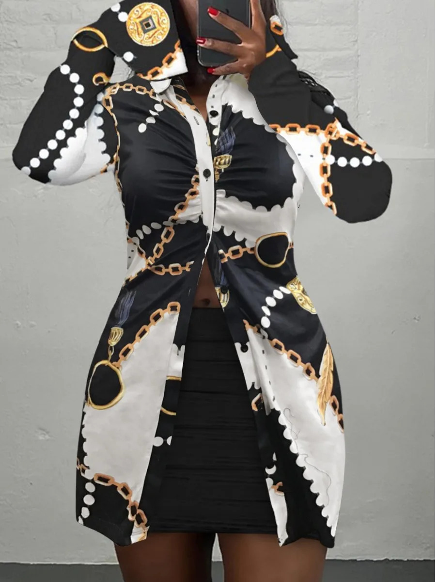 LW Plus Size Women Casual Autumn Winter Mixed Colour Turndown Collar Long Sleeve Chain Leaf Print Sexy Skinny Skirt Set 250516Z