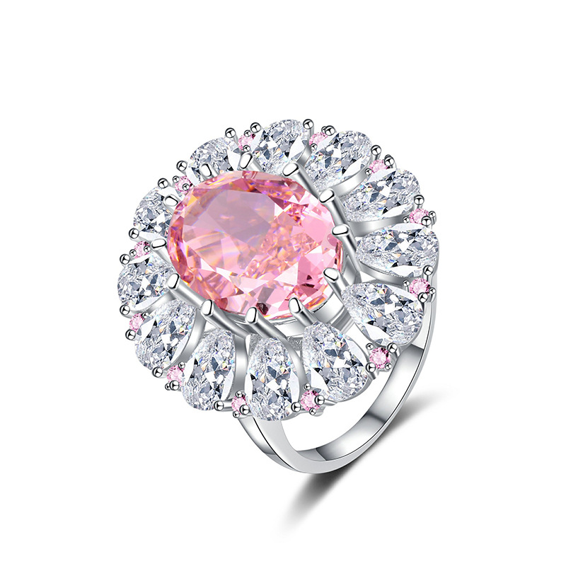 European & American High-End Design S925 Sterling Silver Ice Flower Cut Oval Pink Gemstone Ring, Full Diamond Accent Band, Luxury Fashion Ring for Wom