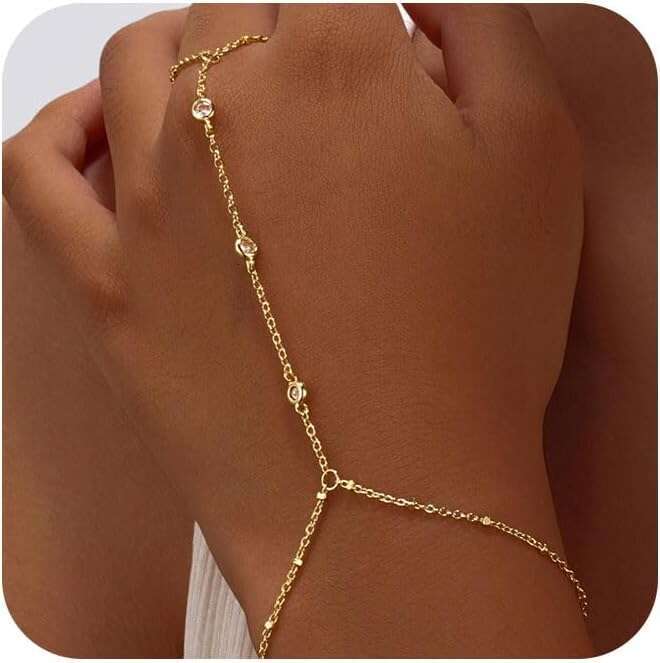 Women,14K Gold/Sier Plated Dainty Hand Trendy Ring Chain Bracelet Charm Gold Cuff Bangle Stackable Bracelets Fashion Body Jewelry Adjustable Waterproo