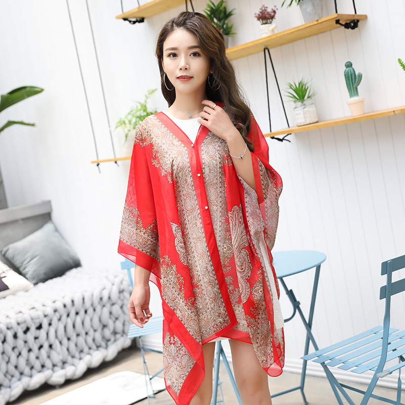 K802 Multi-purpose beach scarf cashew flower beaded shawl chiffon print anti-ultraviolet sunscreen versatile shawl