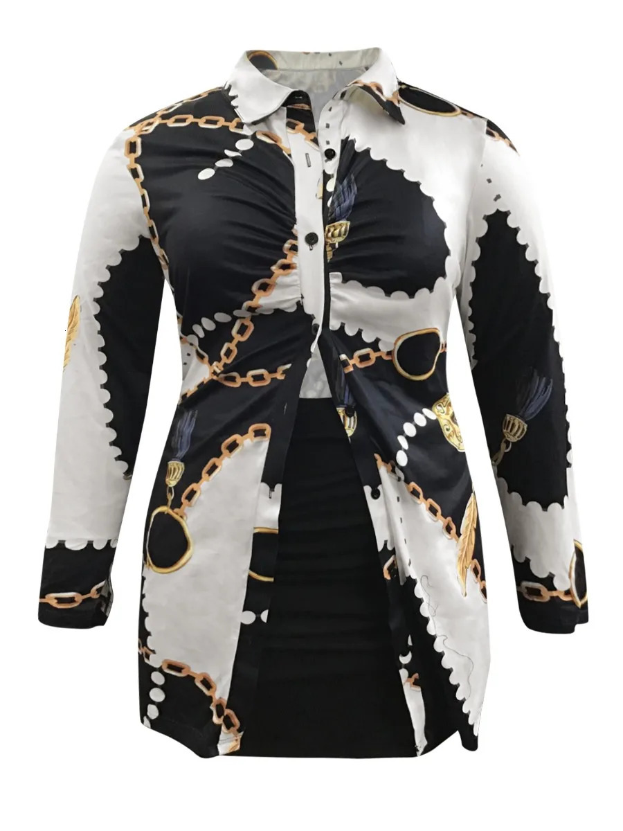 LW Plus Size Women Casual Autumn Winter Mixed Colour Turndown Collar Long Sleeve Chain Leaf Print Sexy Skinny Skirt Set 250516Z