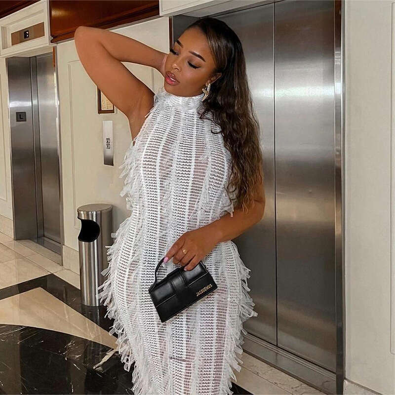 Halter Whit Maxi Dresses New And Sexy Tassel Slim Fit Elegant Perspective Mesh Dress For Women S Fashion Prom Sexy Dress