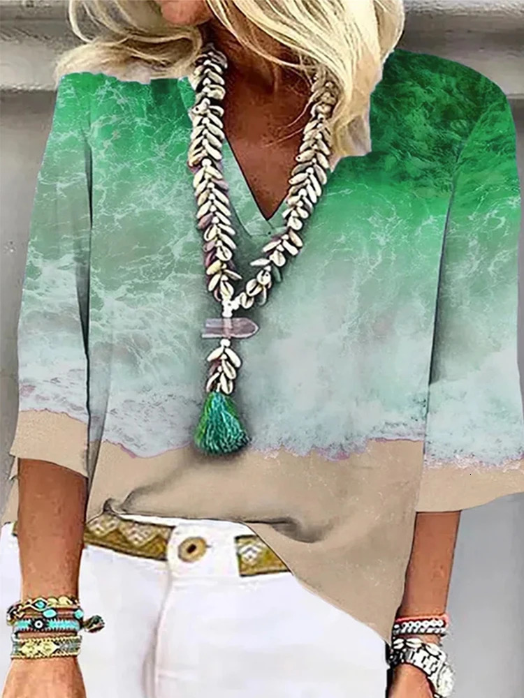 Plus Size 5XL 2025 Summer Casual Tee Shirt Womens V Neck Tops Loose Size Short Sleeve Wave Print Pullover Fashion Tshirt 250517