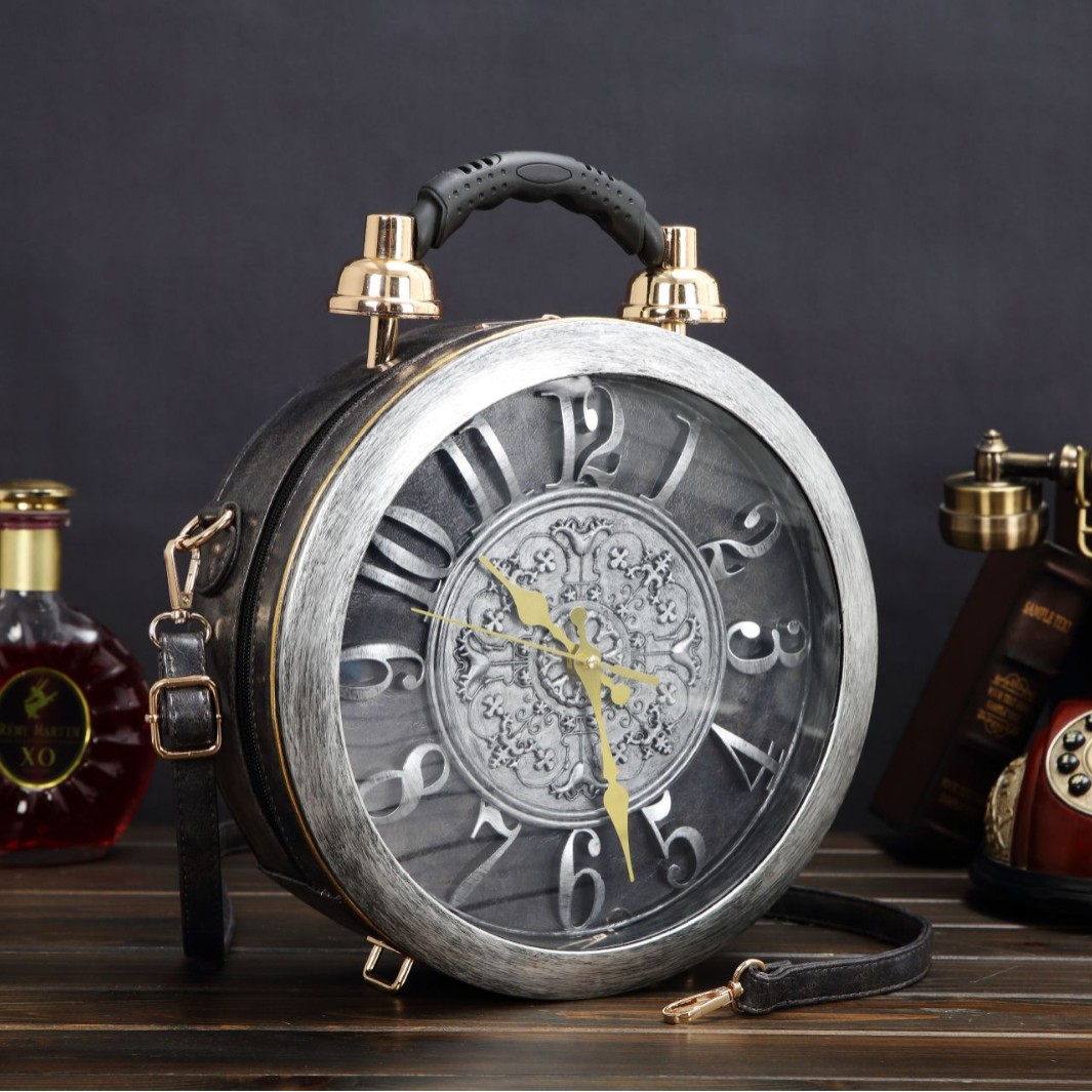 Roman retro personalized clock handbag, creative antique round clock shaped diagonal cross bag