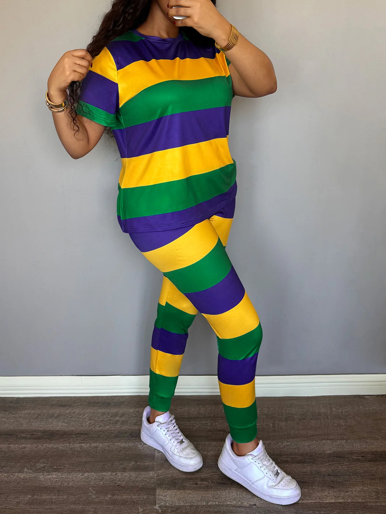 LW Plus Size Pant Two Piece Set Women 2025 summer Casual Crew Neck Short Sleeve Tshirts Lady Striped Large Sets 250516Z