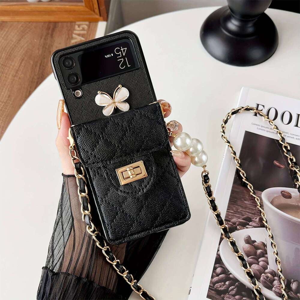 Fashion Leather Folding Phone Butterfly Accessory for Samsung Galaxy Z Flip 6 5 4 3 Girls with Card Case Lanyard