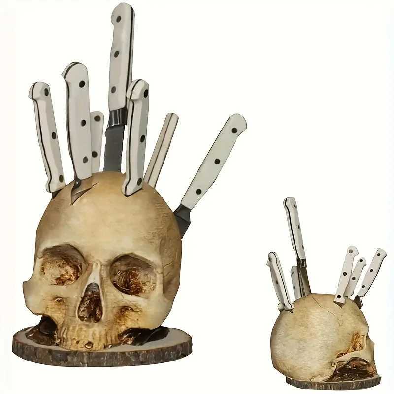 Skull Knife Holder Halloween Horror Kitchen Storage Head Rack Skeleton Knife and Fork Stand Desktop Ornaments Home Decoration Y250522