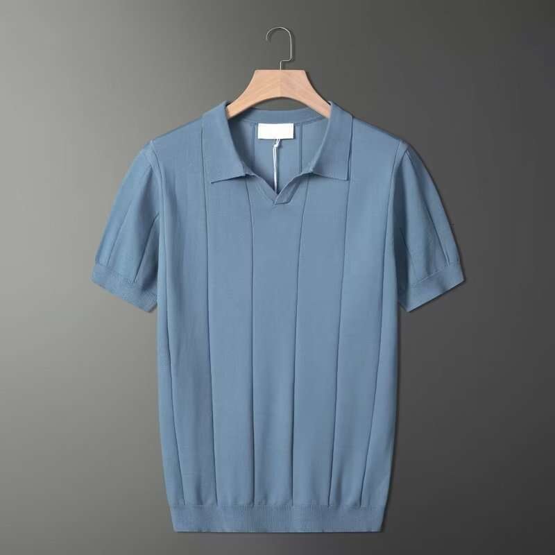 Summer Thin Knitted Ice Silk Solid Short Sleeve Paul Shirt Men's Simple Multi Color Collar Top Clothes