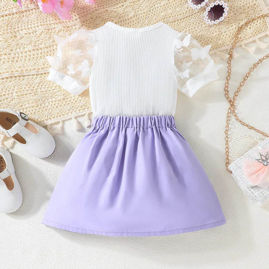 Kid Girl Puff Tulle Sleeve Bow Blouse and Elastic Pleated Skirt Summer Outfit Toddler Infant Clothing Set Kids Wear Ootd 250517z