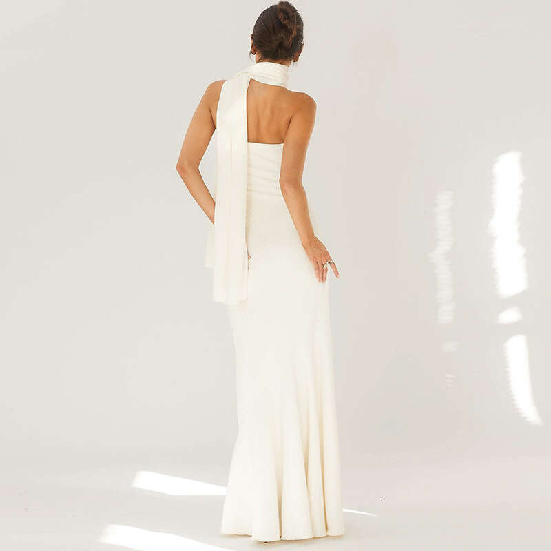Halter Whit Maxi Dresses Selling Summer New Style Fashionable Temperament Close Fitting Waist Wrapped Chest Fish Patterned Skirt Bottom Shawl Dress Pr