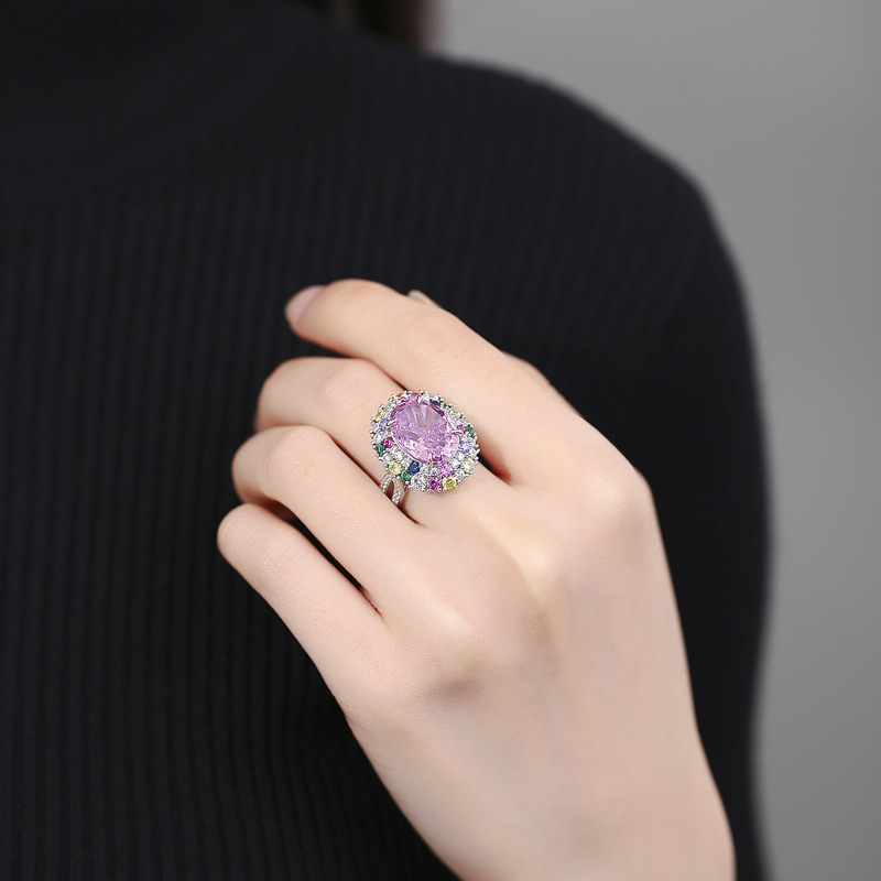 S925 Sterling Silver Padparadscha Pink High Carbon Diamond Egg-Shaped Open Band Ring, Multicolored Gemstone Women's Fashionable Luxury Diamond Ri