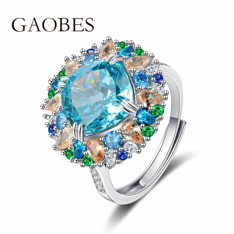 S925 Sterling Silver Sea Blue High Carbon Diamond Ring, Adjustable Open Band with Multicolored Gemstone Inlay, Fashionable Diamond Ring for Elegant Wo
